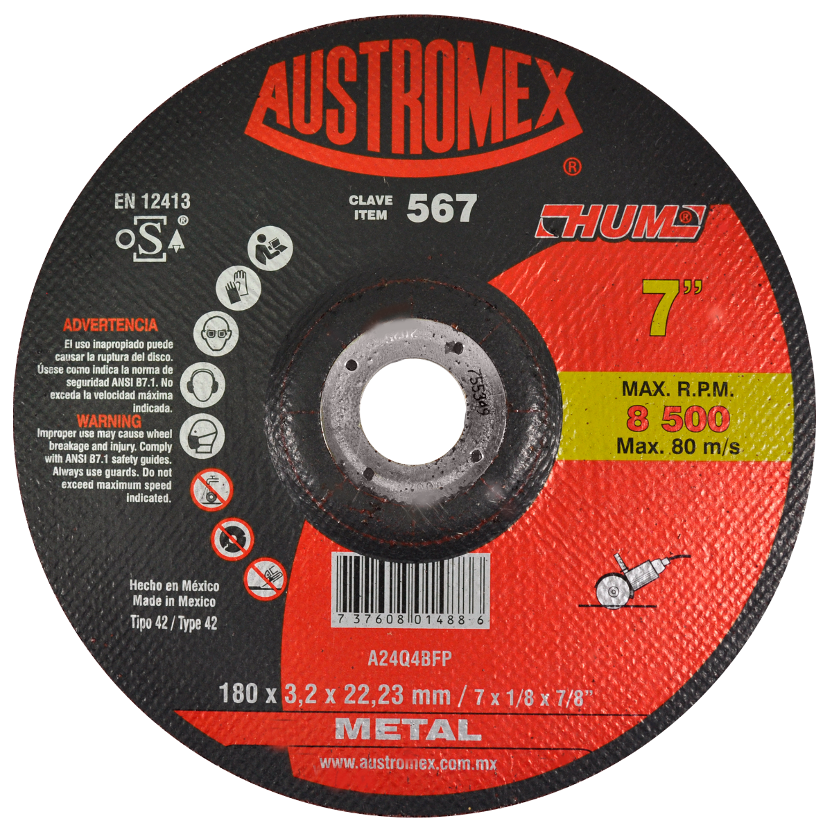 Disco abrasivo para corte de metal de 180 x 3.2 x 22.23 mm