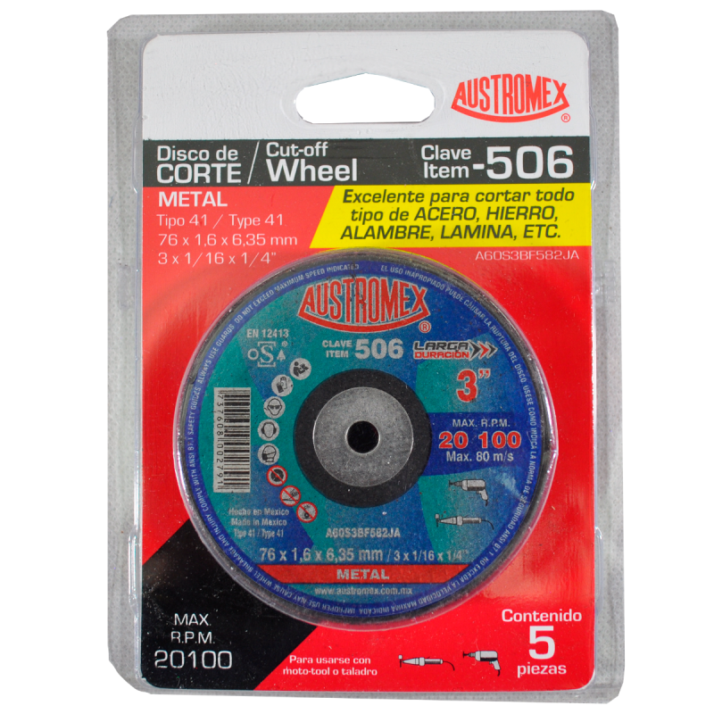 Disco abrasivo para corte de metal de 76 x 1.6 x 6.35 mm