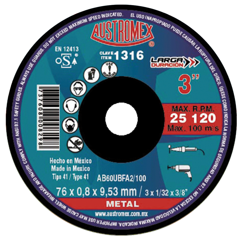 Disco abrasivo para corte de metal, acero, lamina, alambre, tubo, etc de 76 x 0.8 x 9.53 mm