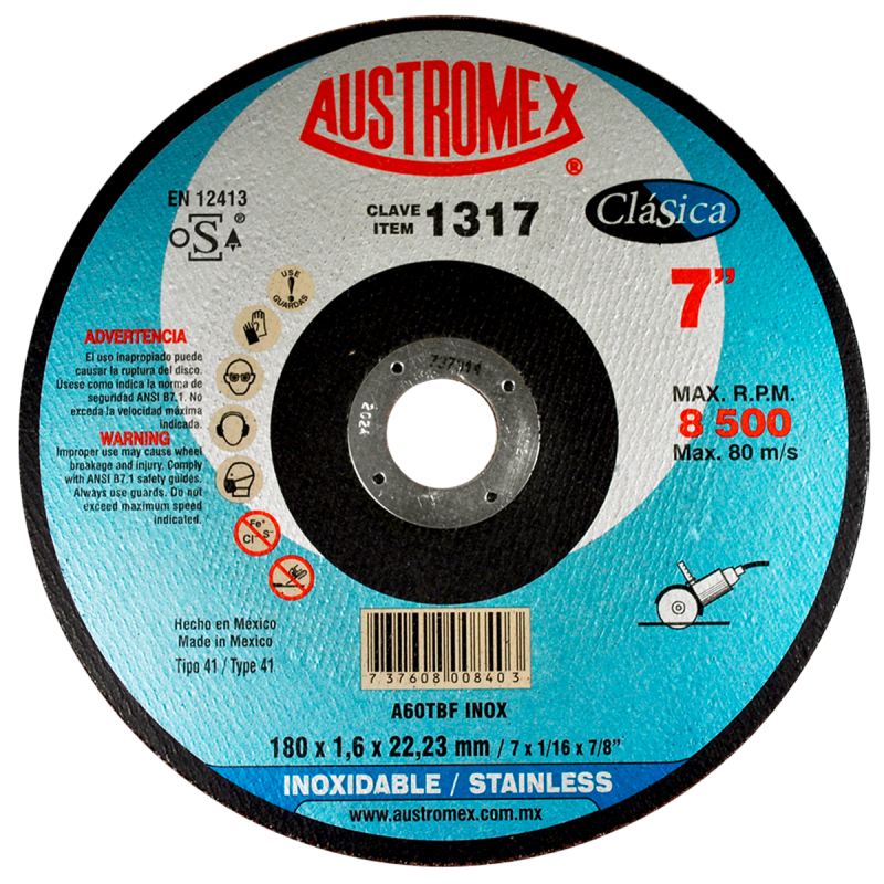 Disco abrasivo para corte de acero inoxidable de 180 x 1.6 x 22.23 mm