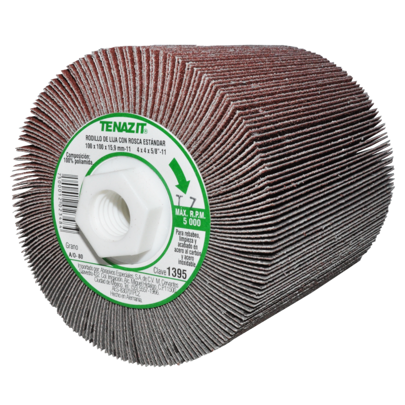 Rodillo de lija de óxido de aluminio, grano 80, de 100 x 100 x 15.9-11 mm