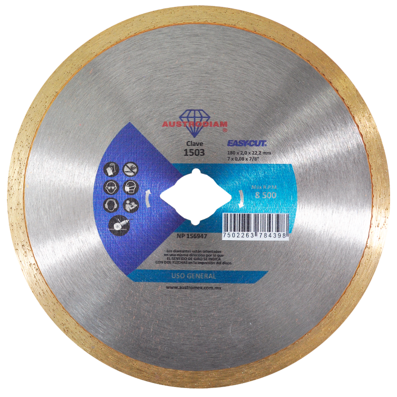Disco de diamante de 180 x 2.0 x 22.23 mm para corte de materiales de construcción en general como concreto, piedra, loseta cerámica, azulejo, mosaico, mármol y otras piedras naturales