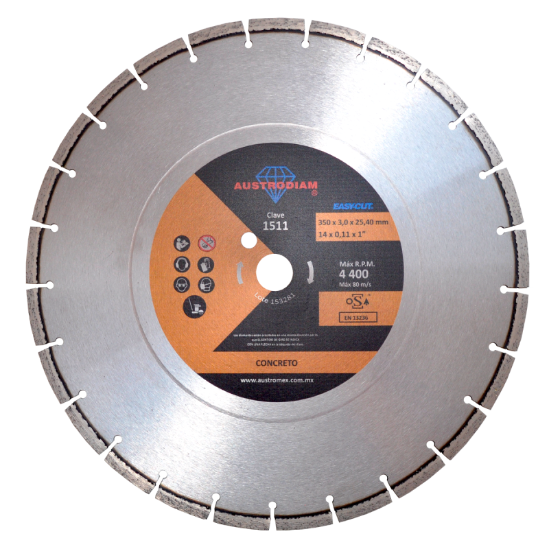 Disco de diamante de 350 x 3.0 x 25.4 mm para corte de concreto curado o reforzado