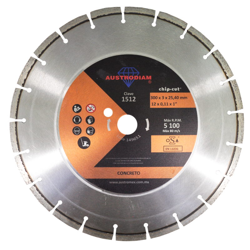 Disco de diamante de 300 x 3.0 x 25.4 mm para corte de concreto curado o reforzado