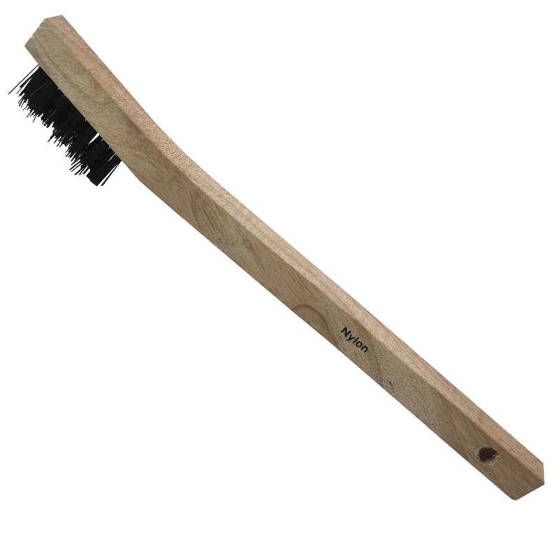 Mini cepillo de nylon con mango de madera para limpieza manual de superficies metálicas y remoción de soldadura, corrosión, fundición, plástico, pintura y cualquier adherencia.
