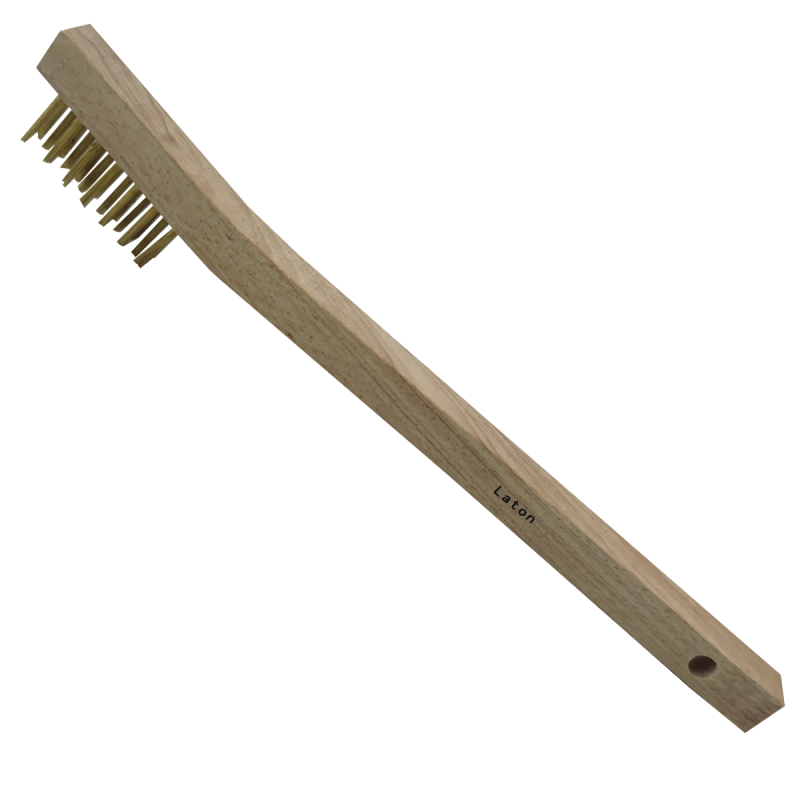 Mini cepillo de latón con mango de madera para limpieza manual de superficies metálicas y remoción de soldadura, corrosión, fundición, plástico, pintura y cualquier adherencia.