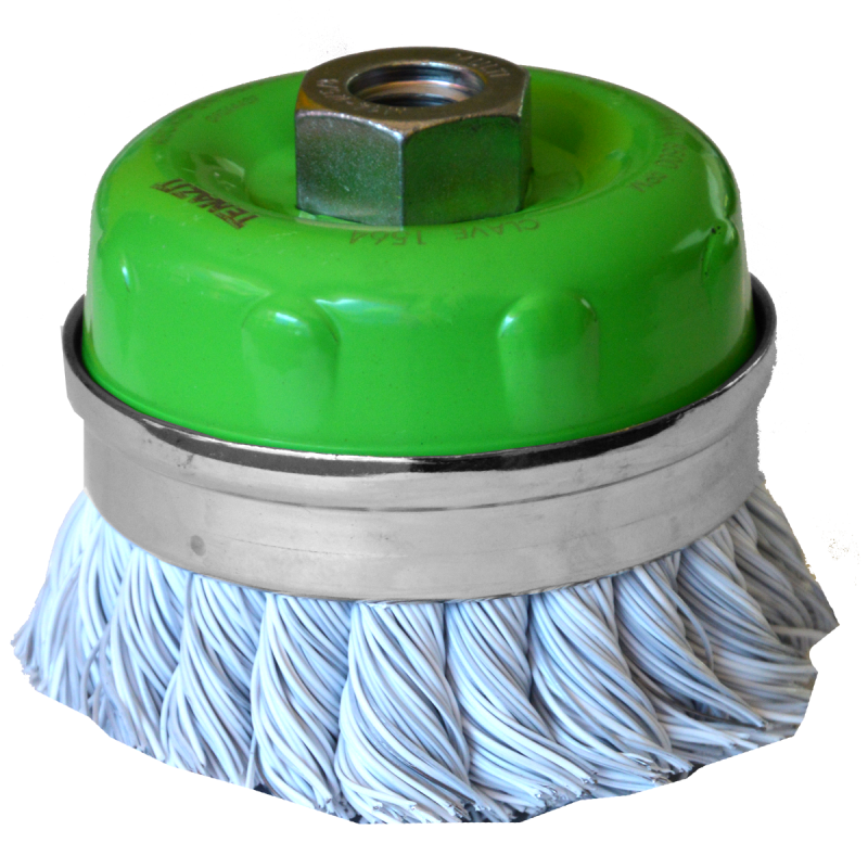 Cepillo tipo copa trenzado plastificado de 100 x 0.50 x MR mm para limpieza de superficies metálicas y remoción de soldadura, pintura, barniz, corrosión, fundición y cualquier adherencia