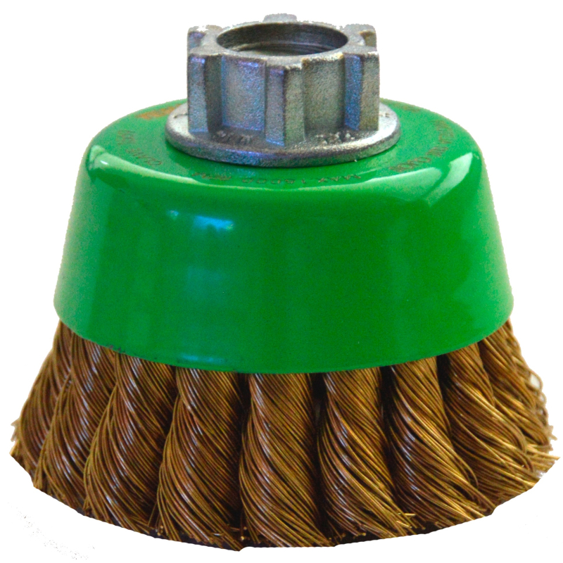 Cepillo tipo copa trenzado de latón de 65 x 0.40 x MR mm para limpieza de superficies metálicas y remoción de soldadura, pintura, barniz, corrosión, fundición y cualquier adherencia