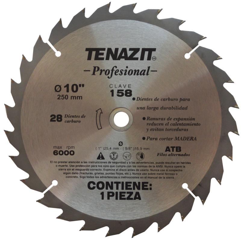 Sierra para corte de madera de 250 x 25.4 A 15.9 mm