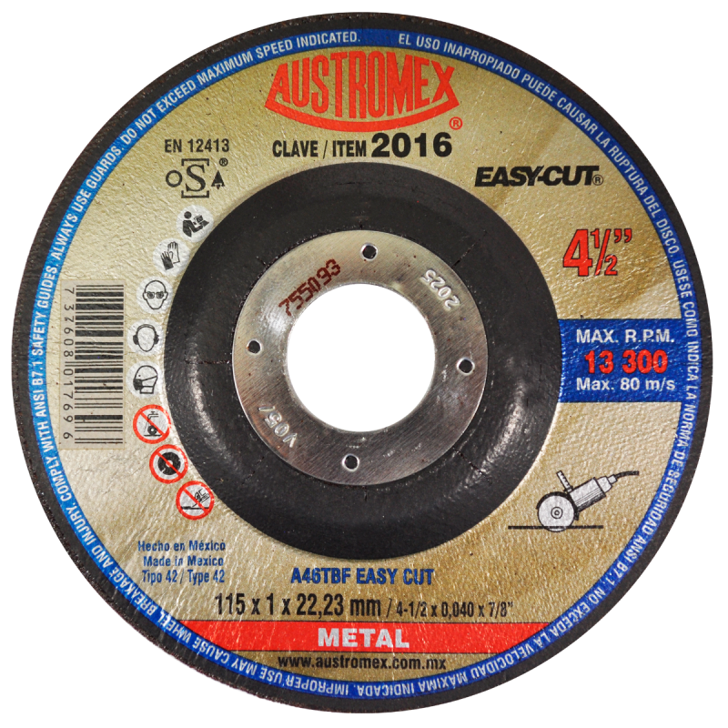 Disco abrasivo para corte de acero al carbón de 115 x 1 x 22.23 mm