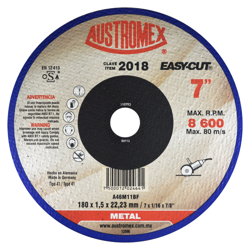 Disco abrasivo para corte de metal de 180 x 1.5 x 22.23 mm
