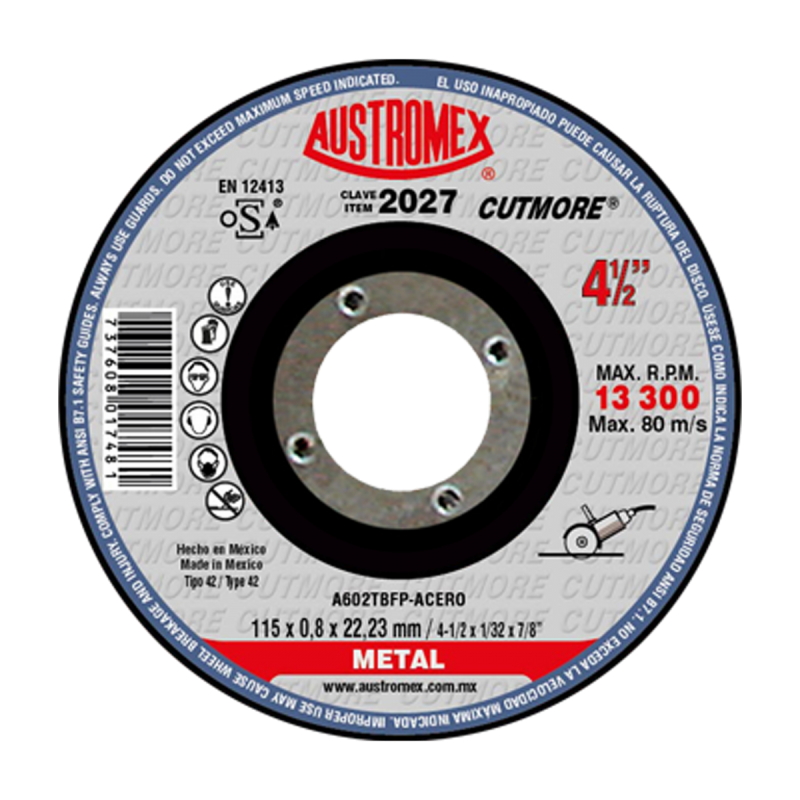 Disco abrasivo para corte de metal de 115 x 0.8 x 22.23 mm