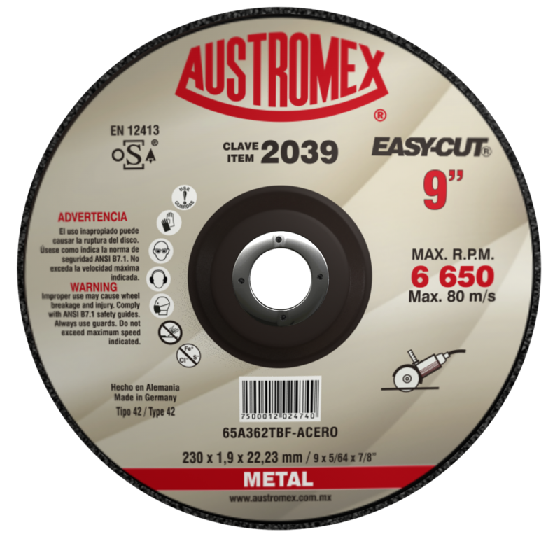 Disco abrasivo para corte de metal de 230 x 1.9 x 22.23 mm