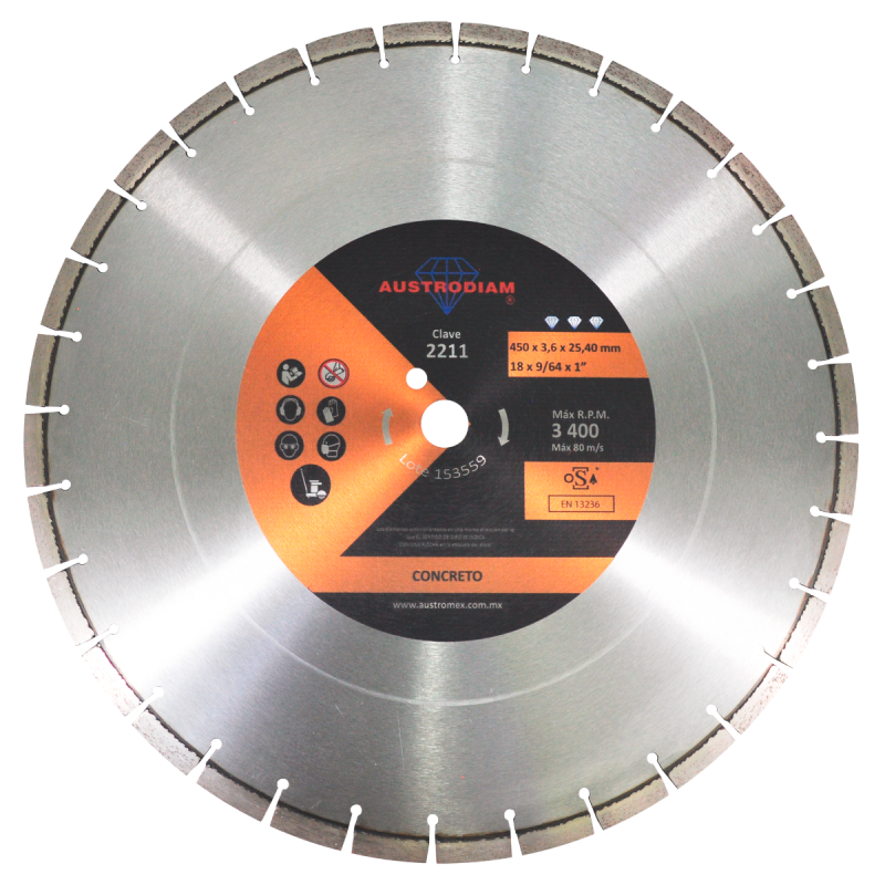 Disco de diamante de 450 x 3.6 x 25.4 mm para corte de concreto curado o reforzado