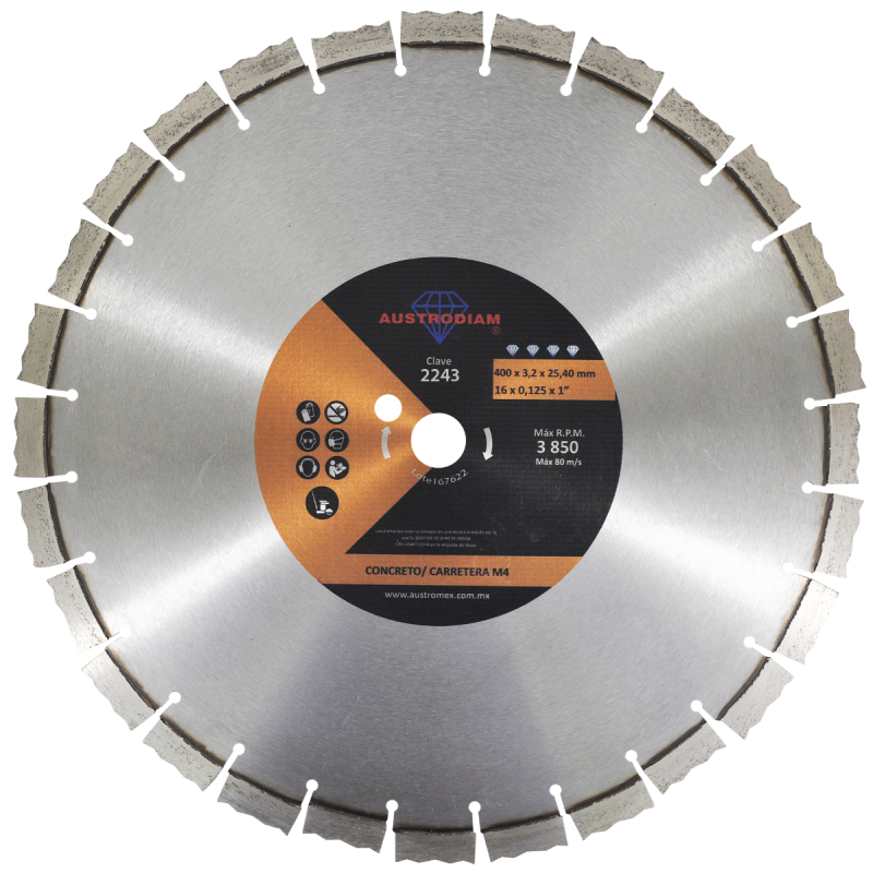 Disco de diamante de 400 x 3.2 x 25.4 mm para corte concreto fresco con agregados medios  