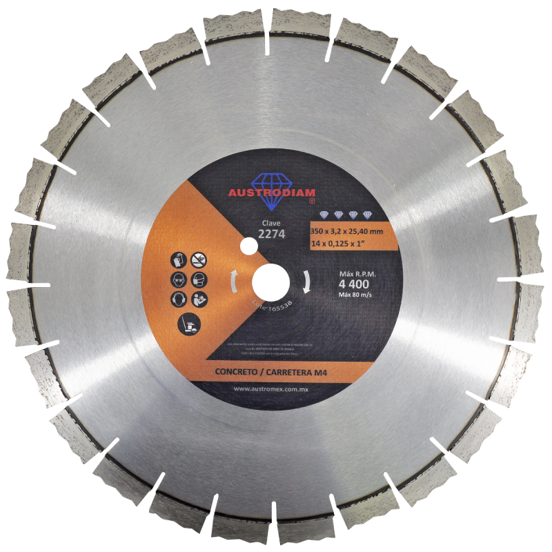 Disco de diamante de 350 x 3.2 x 25.4 mm para corte concreto fresco con agregados duros y muy duros  