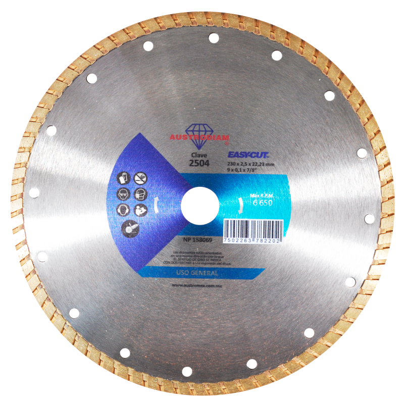 Disco de diamante de 230 x 3 x 22.2 mm para cortar materiales de construcción en general como concreto, piedra, loseta cerámica, azulejo, mosaico, mármol y otras piedras naturales