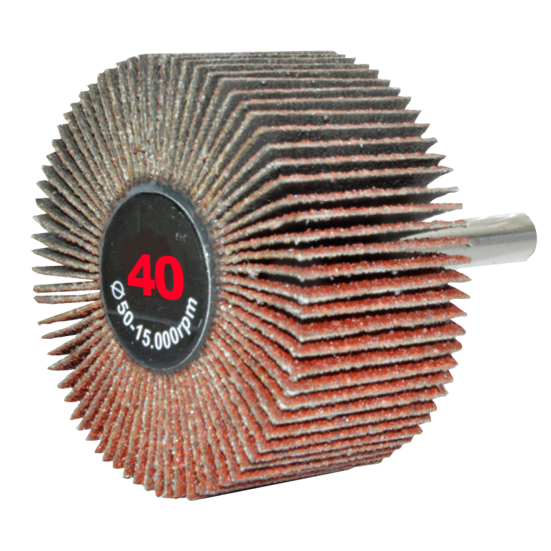 Rueda flap con vástago de óxido de aluminio, grano 40, de 50 x 25 x 6.4 mm