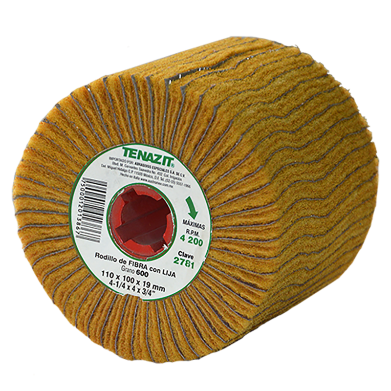 Rodillo de fibra con lija de óxido de aluminio, grano 600 de 110 x 100 x 19 mm