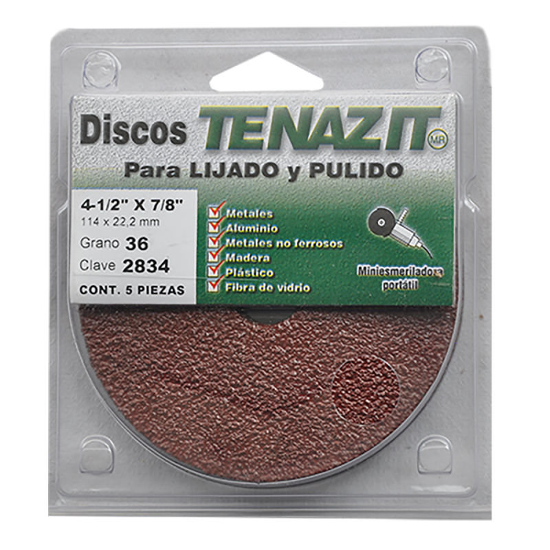 Paquete de fibrodiscos de óxido de aluminio, especificación AAA36 , de 114 x 22.2 mm