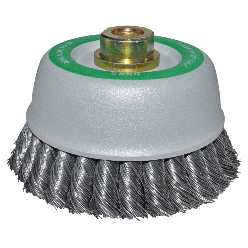 Cepillo tipo copa trenzado de 125 x 0.50 x 15.9-11 mm para limpieza de metales y eliminación de soldadura, pintura, óxido, corrosión, fundición y cualquier adherencia