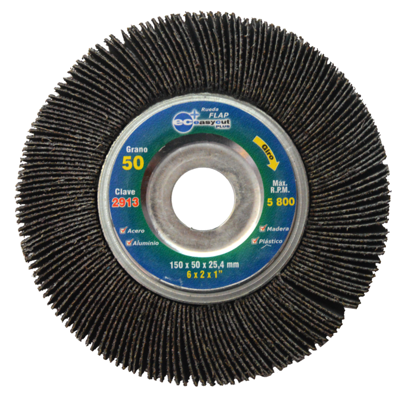 Rueda flap con centro metálico de óxido de aluminio, grano 50, de 150 x 50 x 25.4 mm