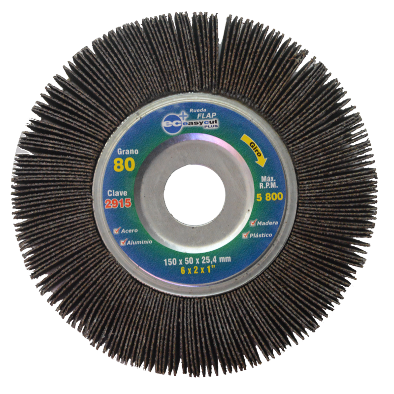 Rueda flap con centro metálico de óxido de aluminio, grano 80, de 150 x 50 x 25.4 mm