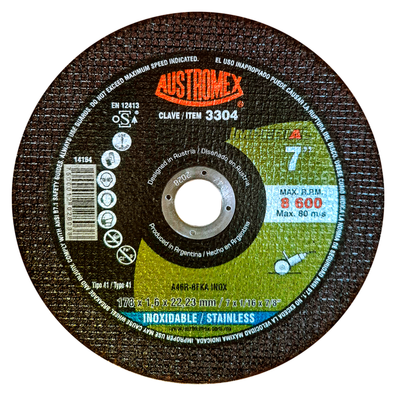 Disco abrasivo para corte de acero inoxidable de 178 x 1.6 x 22.23 mm