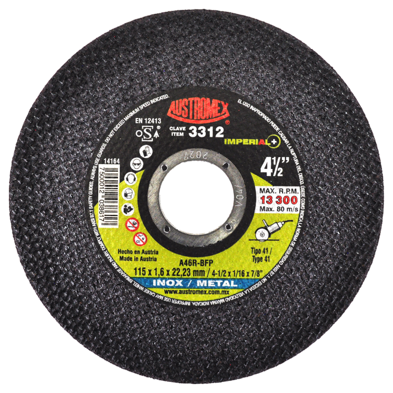 Disco para corte de inox y metal de 115 x 1.6 x 22.23 mm
