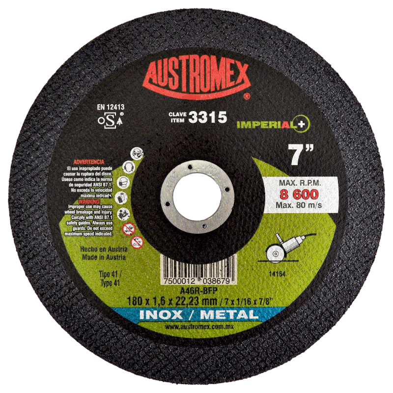 Disco para corte de inox y metal de 180 x 1.6 x 22.23 mm
