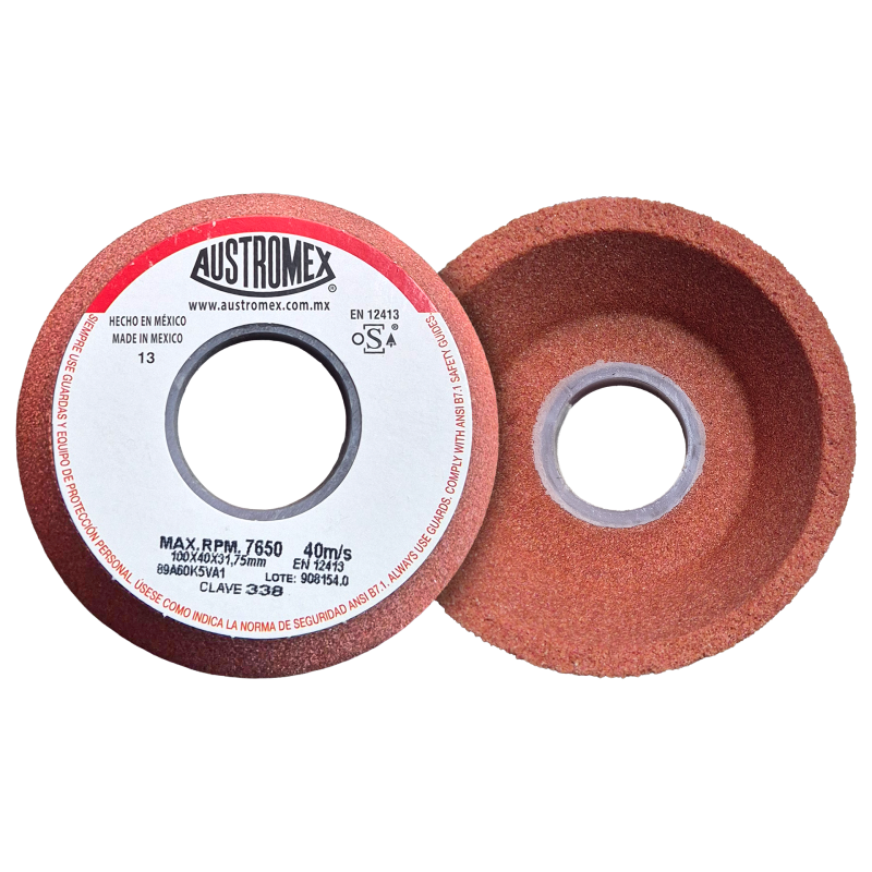 Copa abrasiva de 100 x 40 x 31.75 mm para afilar cortadores, fresas, brocas de acero al carbón, templados, rápidos y grado herramienta (H, S, M Y W)