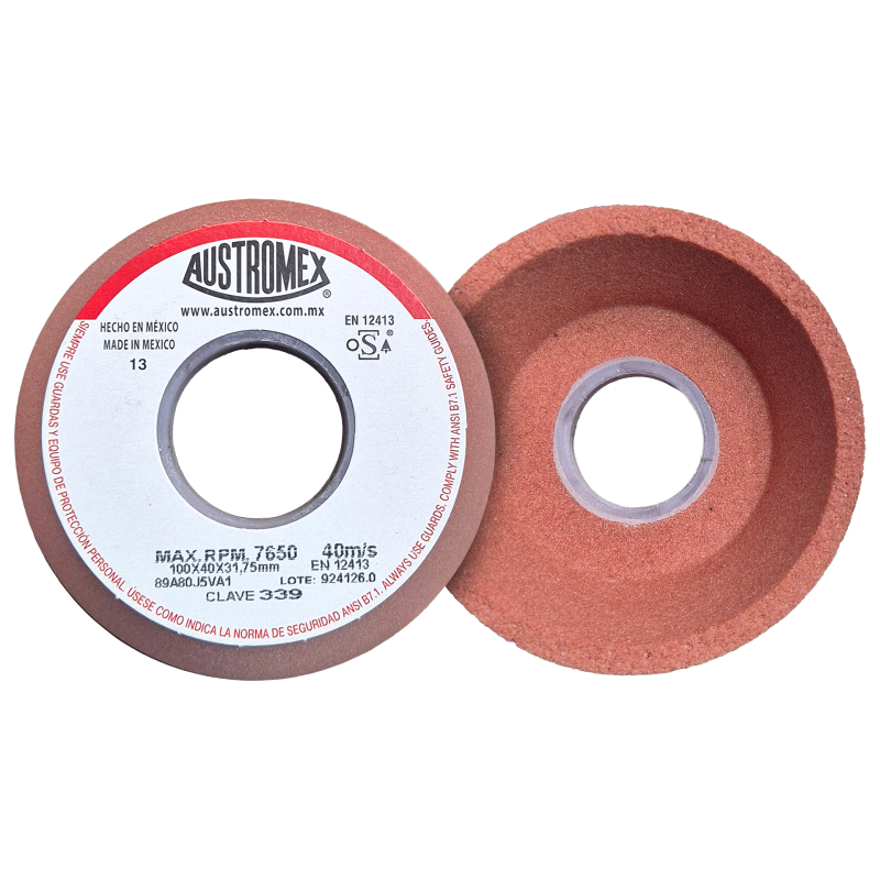 Copa abrasiva de 100 x 40 x 31.75 mm para afilar cortadores, fresas, brocas de acero al carbón, templados, rápidos y grado herramienta (H, S, M Y W)