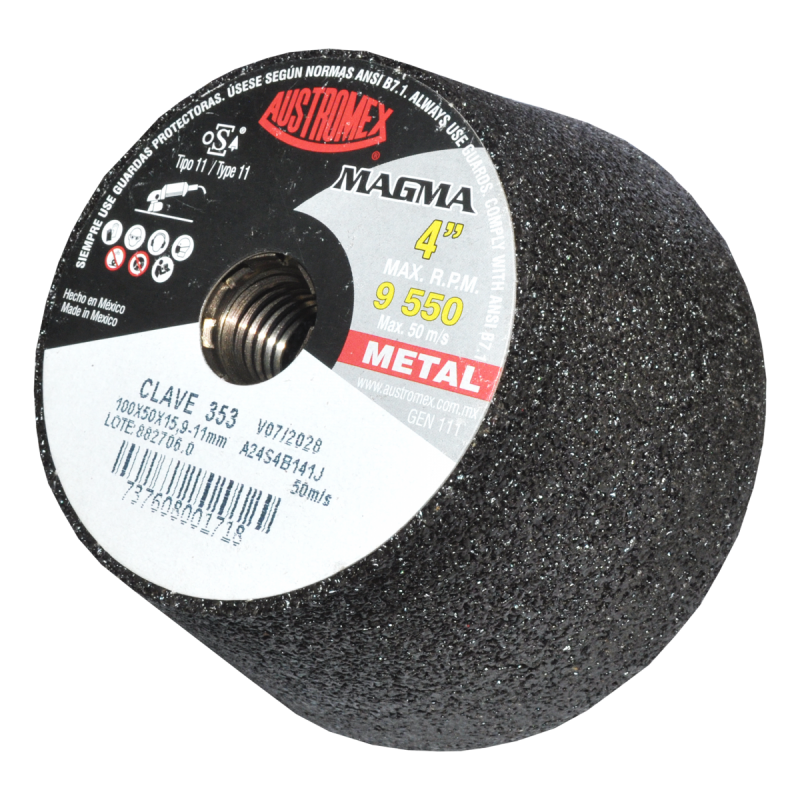 Copa abrasiva para desbaste de cordones de soldadura, filos y rebabas grandes de aceros al carbón, hierro, fundición, etc. de 100 x 50 x 15.9-11 mm