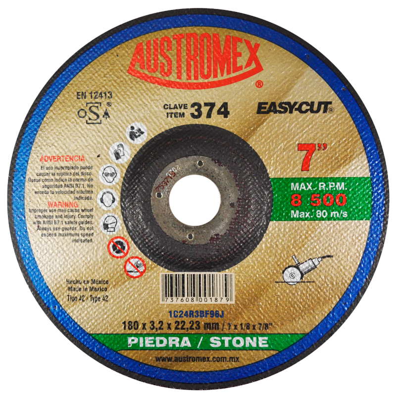 Disco abrasivo de 180 x 3.2 x 22.23 mm para corte de piedra, ladrillo, concreto, refractarios, etc