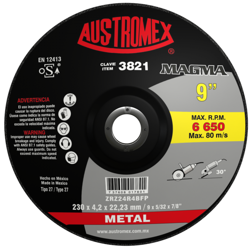 Disco abrasivo para desbaste de acero, fundición y soldadura de 230 x 4.2 x 22.23 mm