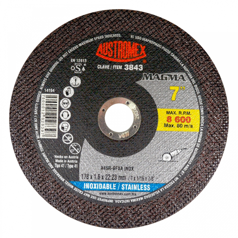 Disco abrasivo para corte de acero inoxidable de 178 x 1.6 x 22.23 mm