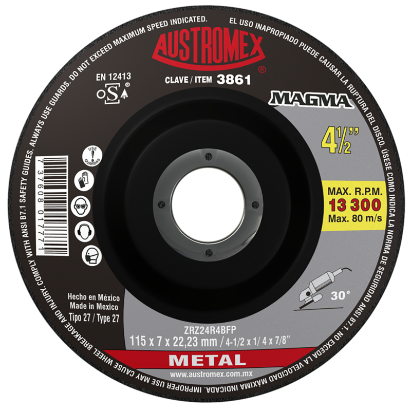 Disco abrasivo para desbaste de acero, fundición y soldadura de 115 x 7 x 22.23 mm