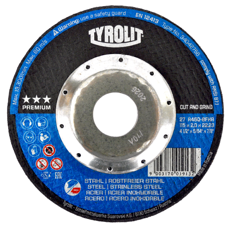 Disco abrasivo para desbaste, rebabeo, corte y ranurado, especialmente diseñados para corte de chapas, perfiles, tubos de paredes finas, secciones transversales, barras o acero reforzado y acero inoxidable de 115 x 2.0 x 22.23 mm