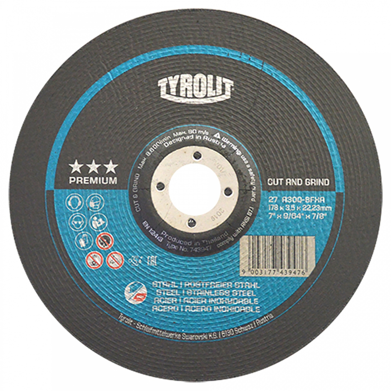 Disco abrasivo para desbaste, rebabeo, corte y ranurado, especialmente diseñados para corte de chapas, perfiles, tubos de paredes finas, secciones transversales, barras o acero reforzado y acero inoxidable de 178 x 3.5 x 22.23 mm