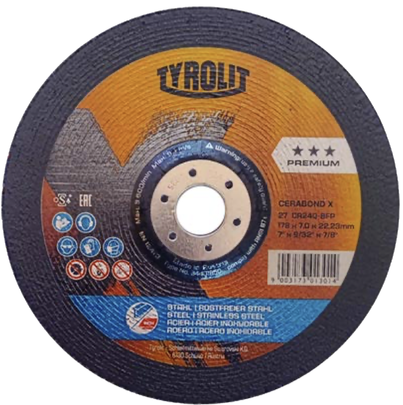 Disco abrasivo para desbaste de acero al carbón y acero inoxidable de 178 x 7.0 x 22.23 mm
