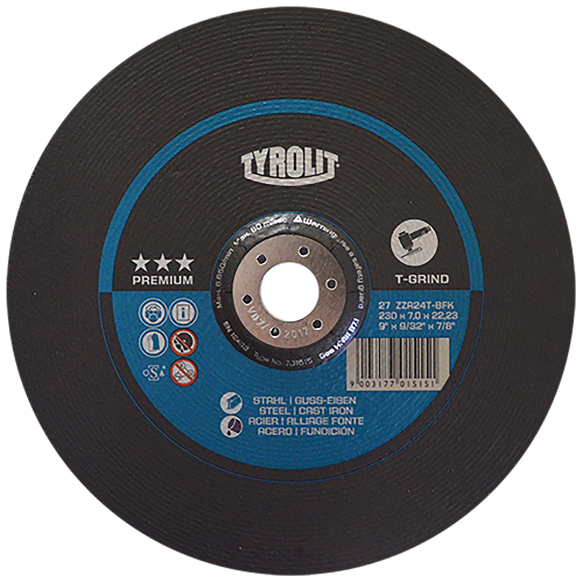 Disco abrasivo para desbaste de hierro fundido y acero de 230 x 7.0 x 22.23 mm