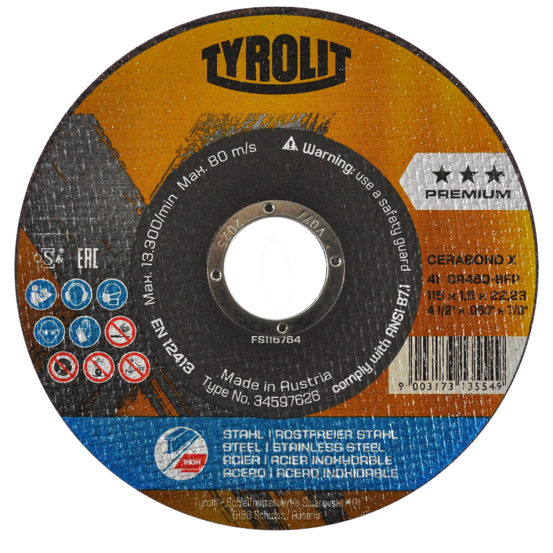 Disco de corte Tyrolit Cerabond X de 115 x 1.6 x 22.23 mm, 2 en 1