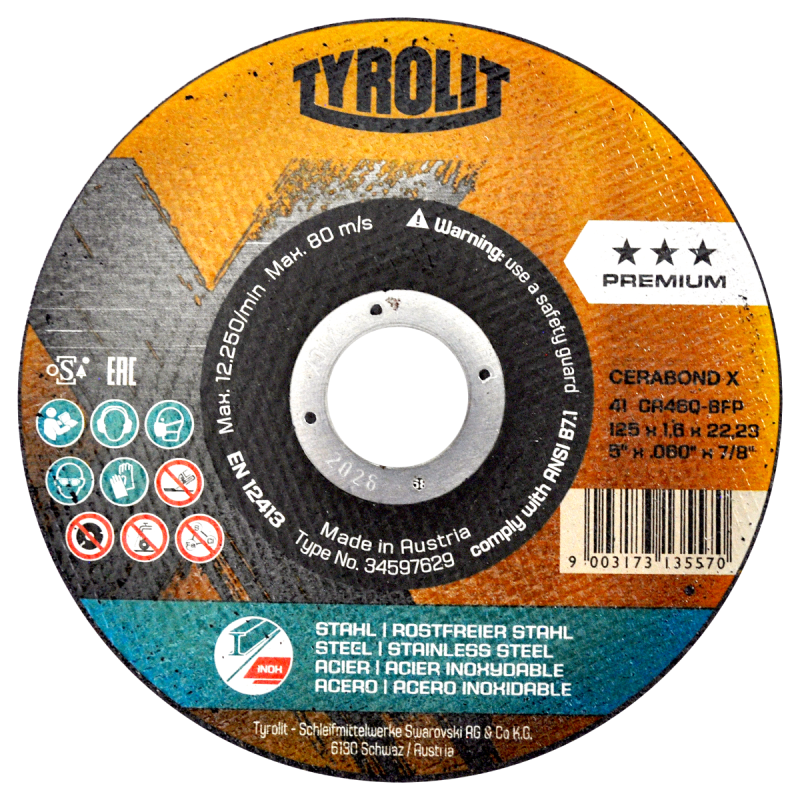 Disco de corte Tyrolit Cerabond X de 125 x 1.6 x 22.23 mm, 2 en 1