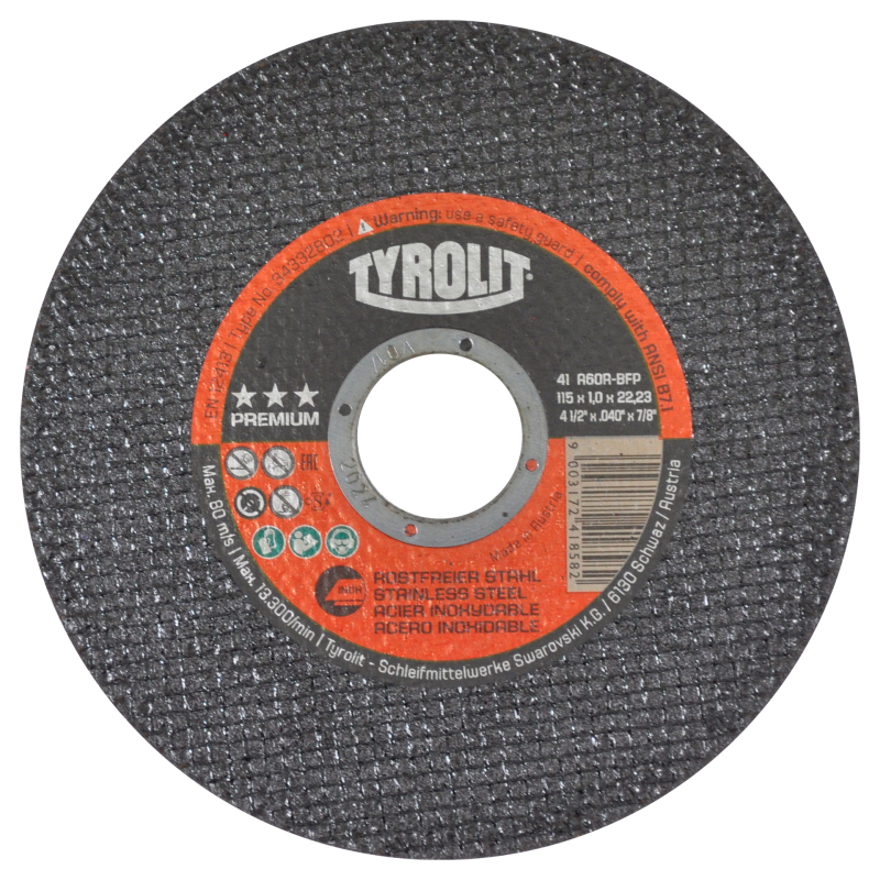 Disco abrasivo para corte de acero inoxidable, chapas, acero reforzado, perfiles y tubos de paredes finas de 115 x 1 x 22.23 mm