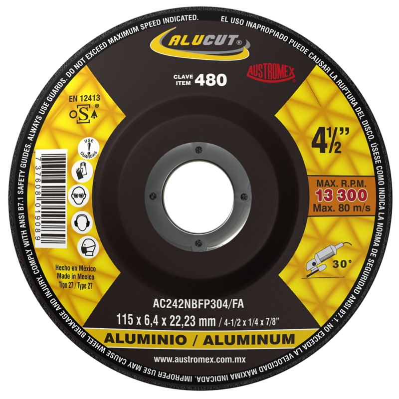 Disco abrasivo para desbaste de aluminio y metales no ferrosos de 115 x 6.4 x 22.23 mm