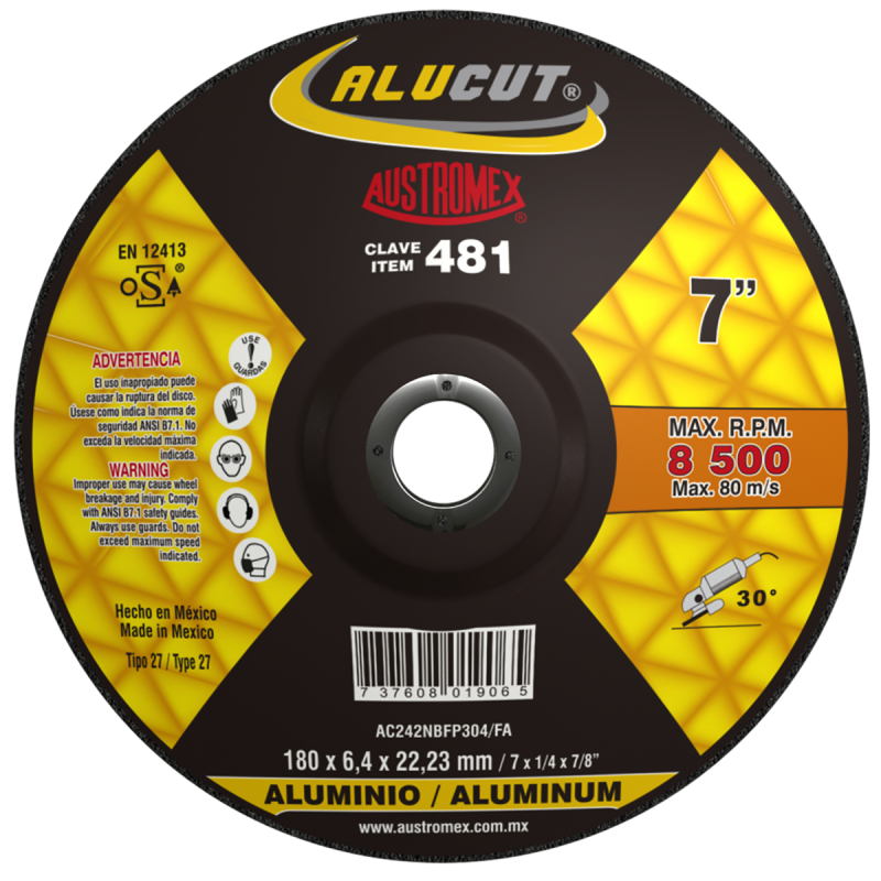 Disco abrasivo para desbaste de aluminio y metales no ferrosos de 180 x 6.4 x 22.23 mm