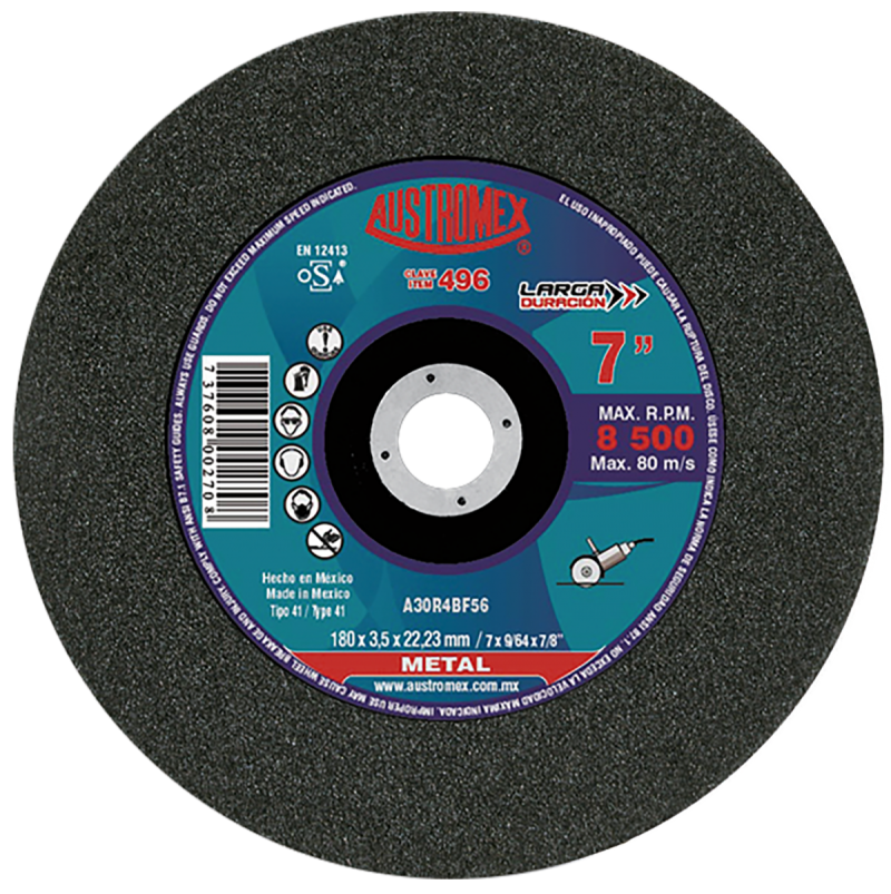 Disco abrasivo para corte de todo tipo de acero, hierro y varilla de 180 x 3.5 x 22.23 mm