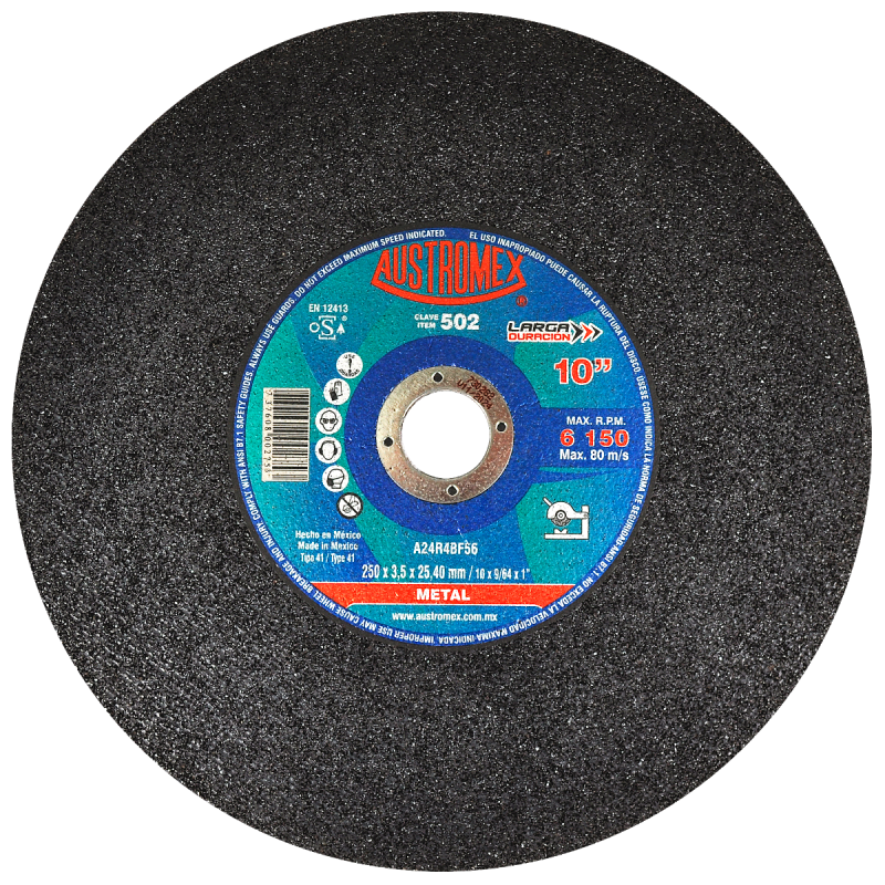 Disco abrasivo para corte de todo tipo de acero, hierro y varilla de 250 x 3.5 x 25.40 mm