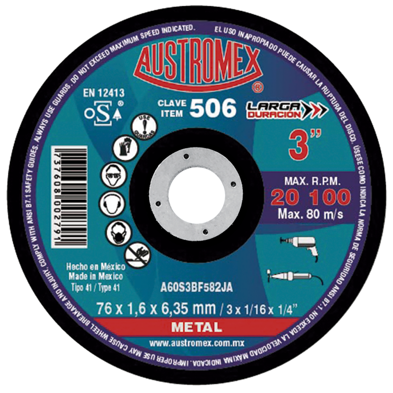 Disco abrasivo para corte de metal de 76 x 1.6 x 6.35 mm