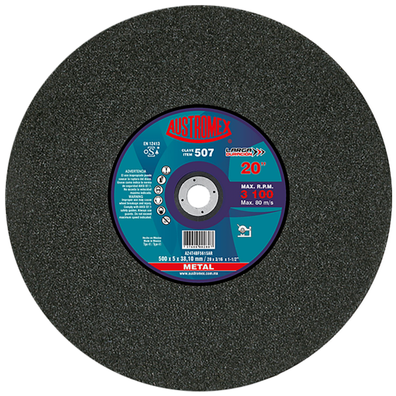 Disco abrasivo para corte de todo tipo de acero, hierro y varilla de 500 x 5 x 38.10 mm